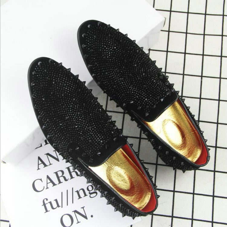 Men's pointed-toe rhinestone flats, black slip-on shoes with gold insole detail