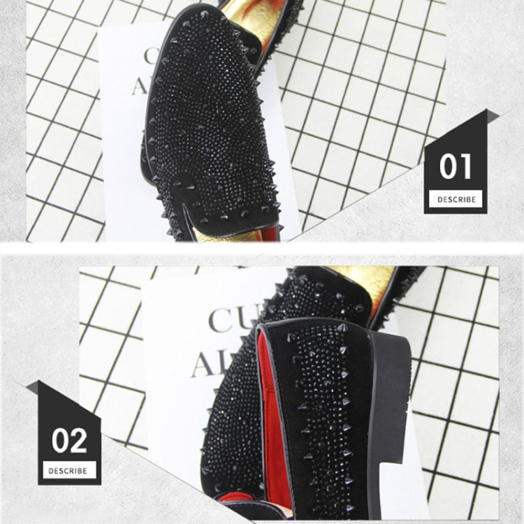Black pointed-toe rhinestone flat shoe with gold interior lining