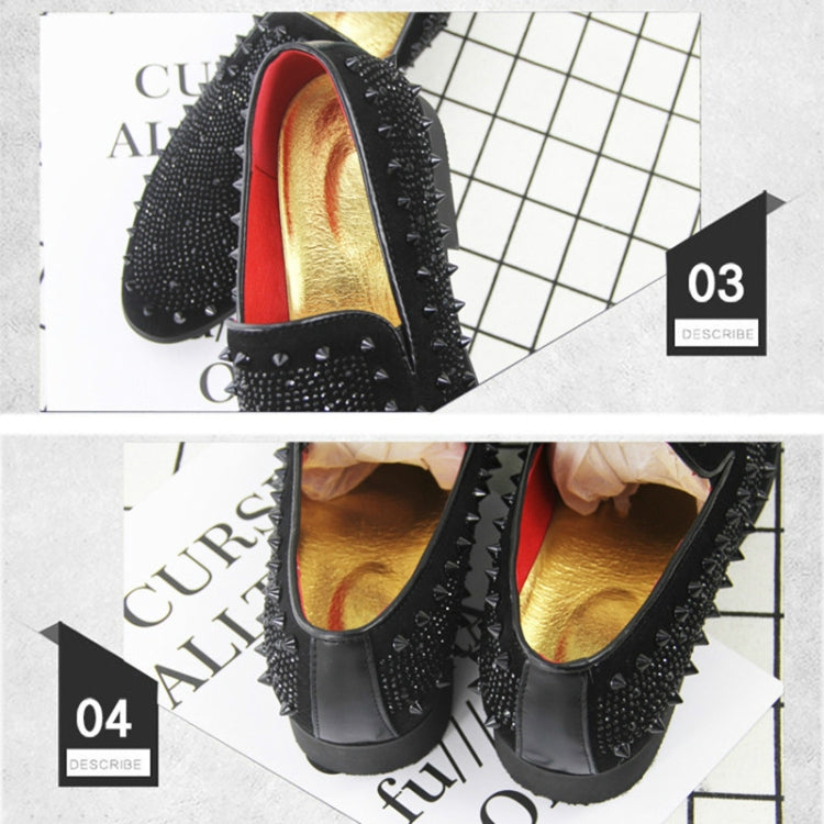 Black pointed-toe rhinestone flats with red inner lining and gold footbed
