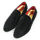 Black slip-on pointed-toe rhinestone flats with gold insole and red lining