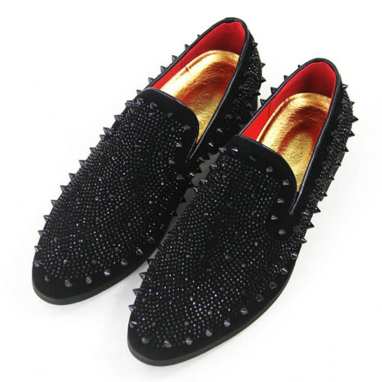 Black slip-on pointed-toe rhinestone flats with gold insole and red lining