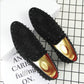 Black pointed-toe rhinestone flats, two shoes with gold insole detail