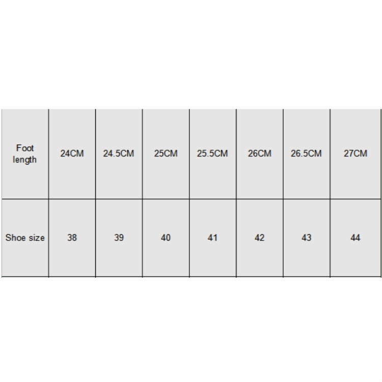 Shoe size chart table showing foot length by size 38 to 44