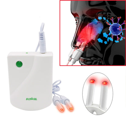 White nasal therapy machine with angled nozzle, power cord, and red light tips