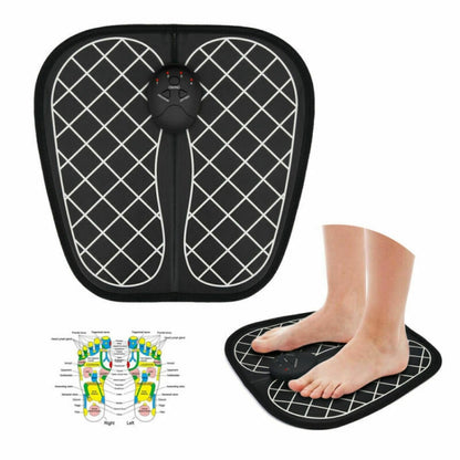 Black EMS foot massager mat with white grid and center control for feet