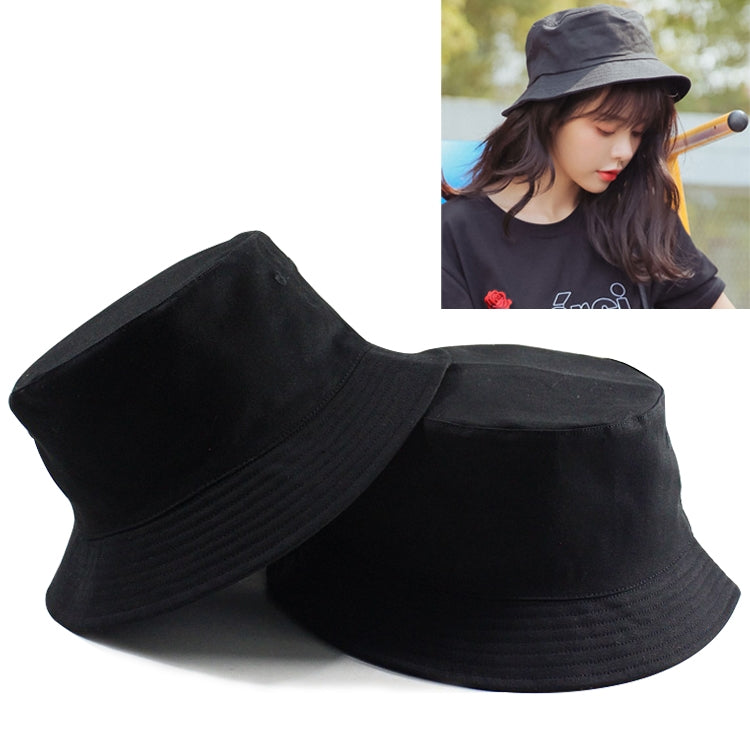 Black cotton double-sided fisherman hat with wide brim and stitched crown