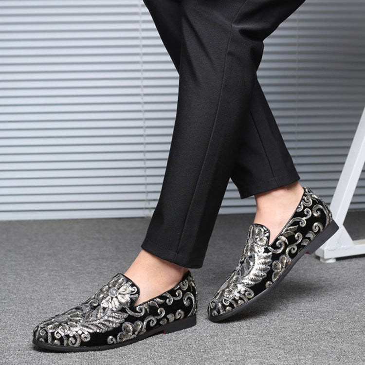 Men's black slip-on loafer shoes with silver embroidered pattern and low heel