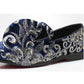 Blue glitter slip-on loafer shoes with ornate silver embroidery and low sole