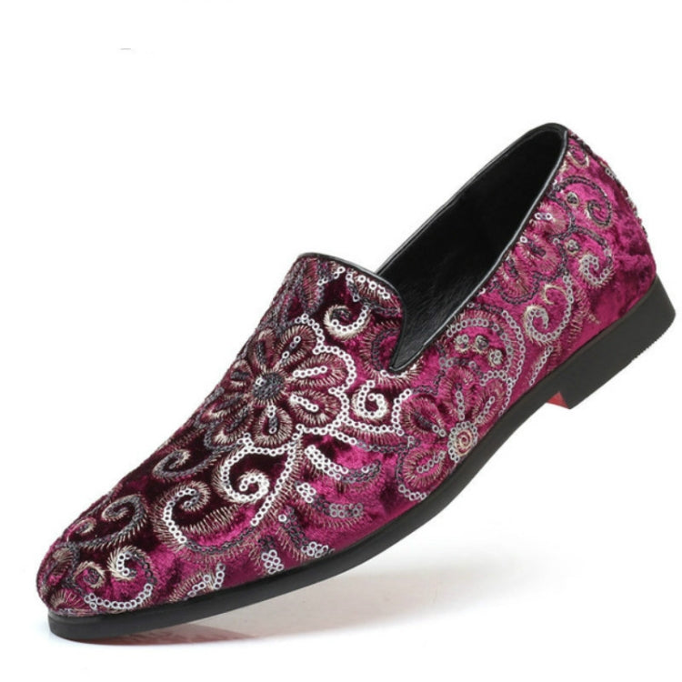Men's glitter slip-on loafer shoes, magenta purple with silver floral sequin print