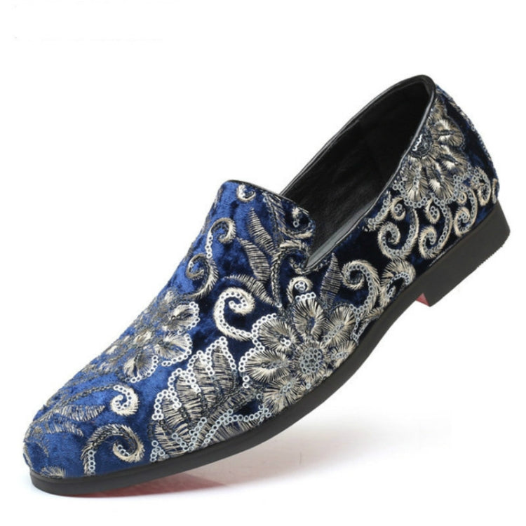 Glitter sequin slip-on loafer in blue with swirling silver designs and black collar