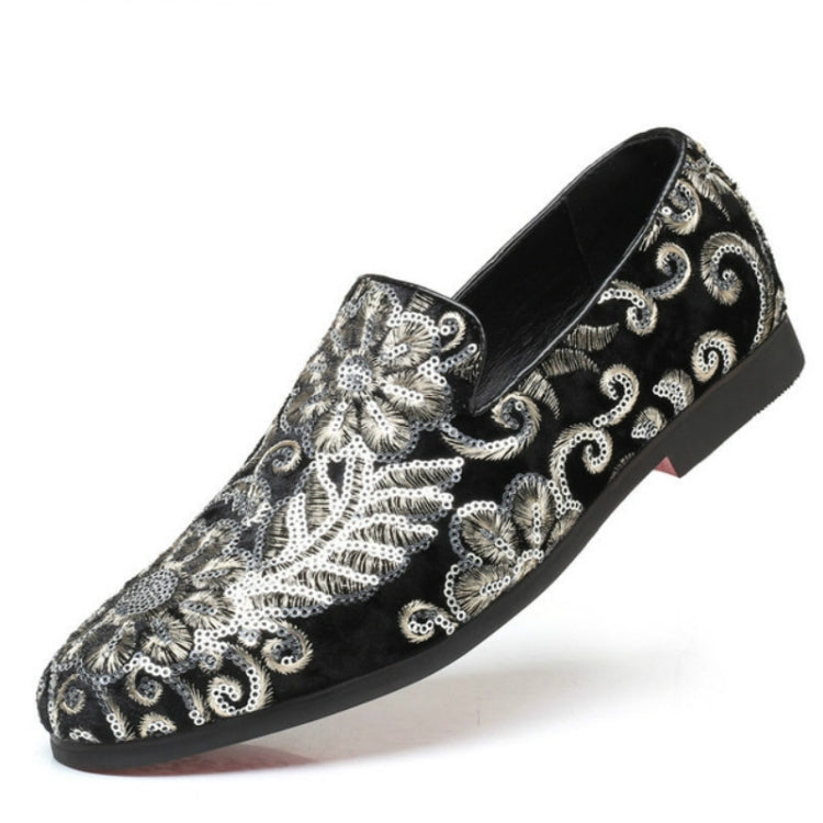 Glitter sequin slip-on loafer in black with silver ornamental floral designs
