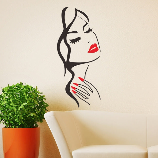 Beauty portrait wall sticker, black cat-girl silhouette with red lips and manicure lines