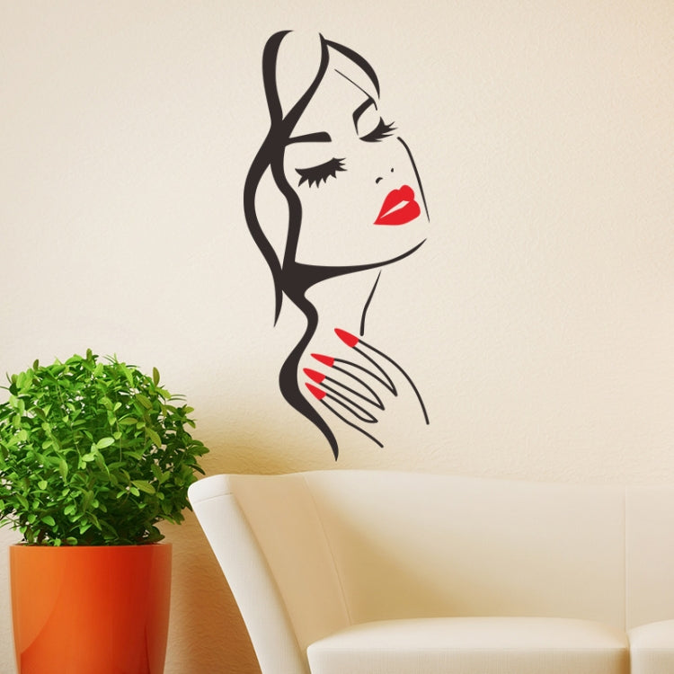 Beauty portrait wall sticker decal, black cat-girl outline with red lips and nail streaks