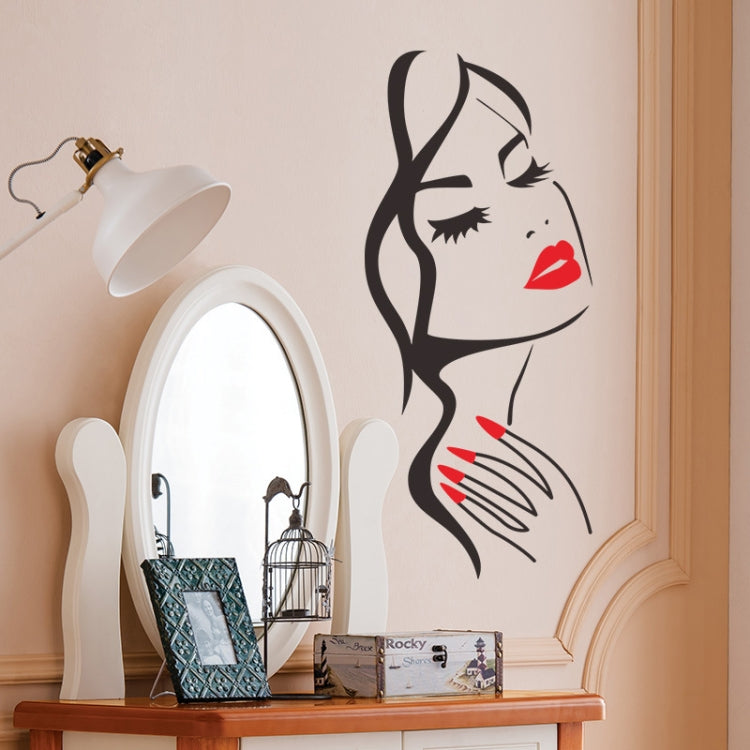 Beauty portrait wall sticker, full cat-girl face and torso graphic with red lips and nails