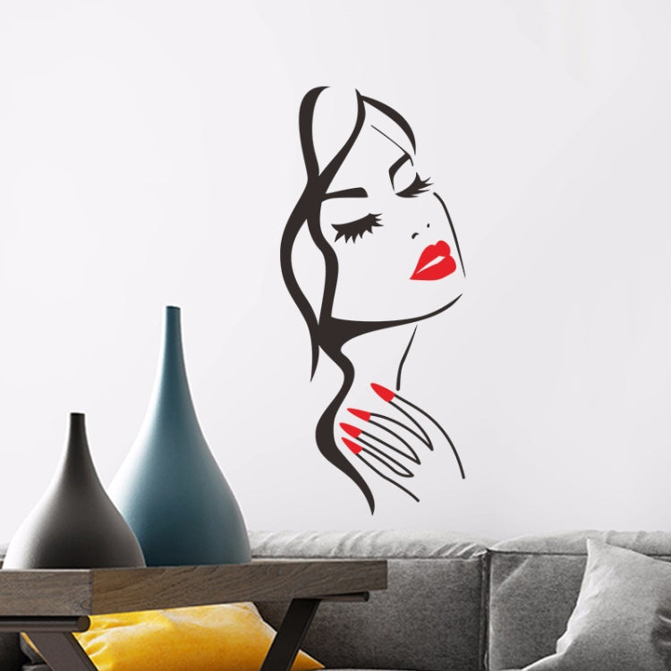 Cat-girl beauty portrait wall sticker, black silhouette with red lips and red nail lines