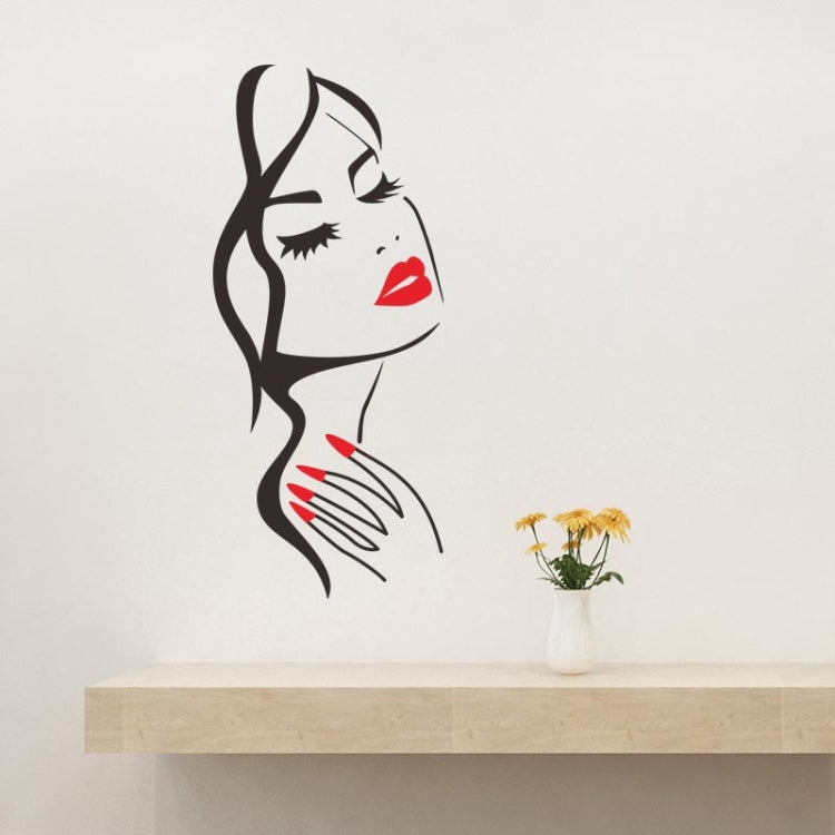 Beauty portrait wall sticker, black cat-girl profile with red lips and red striped manicure