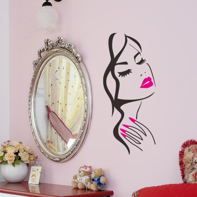 Beauty portrait wall sticker, black cat-girl silhouette with red lips and red nail designs