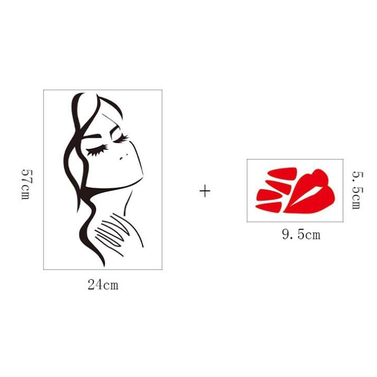 Beauty portrait wall sticker set: cat-girl decal plus red lip sticker, size labels shown