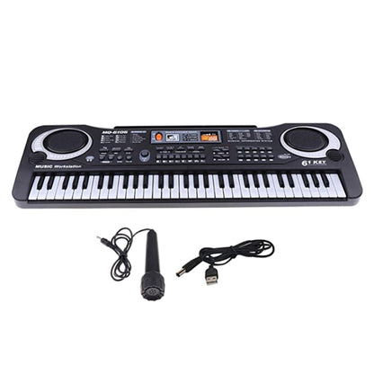Children electronic piano keyboard with 61 keys, black, plus included microphone and cable