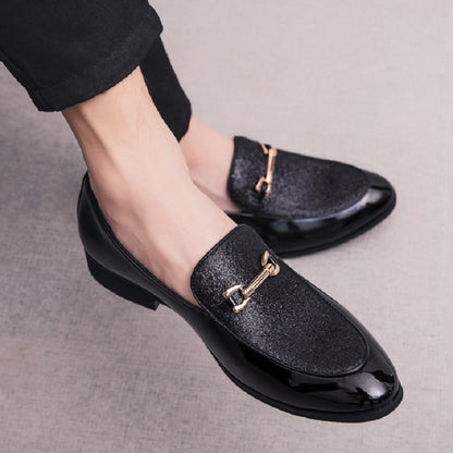 Men's slip-on pointed loafer shoes, black textured upper with gold buckle detail