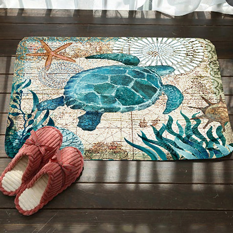 Turtle printed flannel bath mat with non-slip backing, blue teal and cream