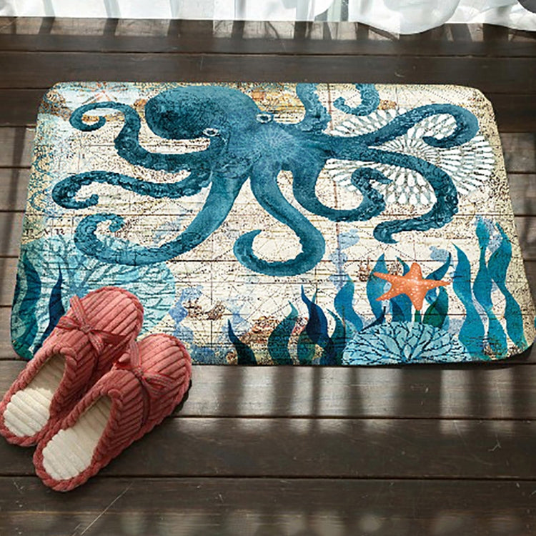 Teal octopus pattern flannel bath mat with non-slip backing, cream base