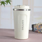 Double-wall stainless steel coffee mug, white with lid; car-cafe logo on front.