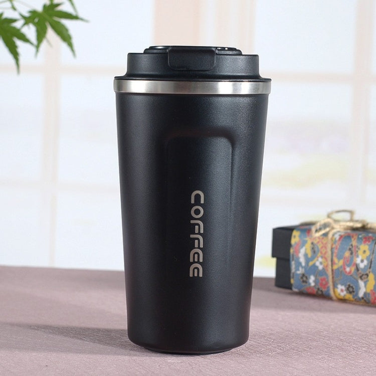 Double-wall stainless steel coffee mug, black with lid; car-cafe logo on front.