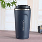 Double-wall stainless steel coffee mug, dark blue with lid; car-cafe logo on front.