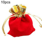 Red velvet drawstring jewelry pouch with gold bow and beige pull-cords