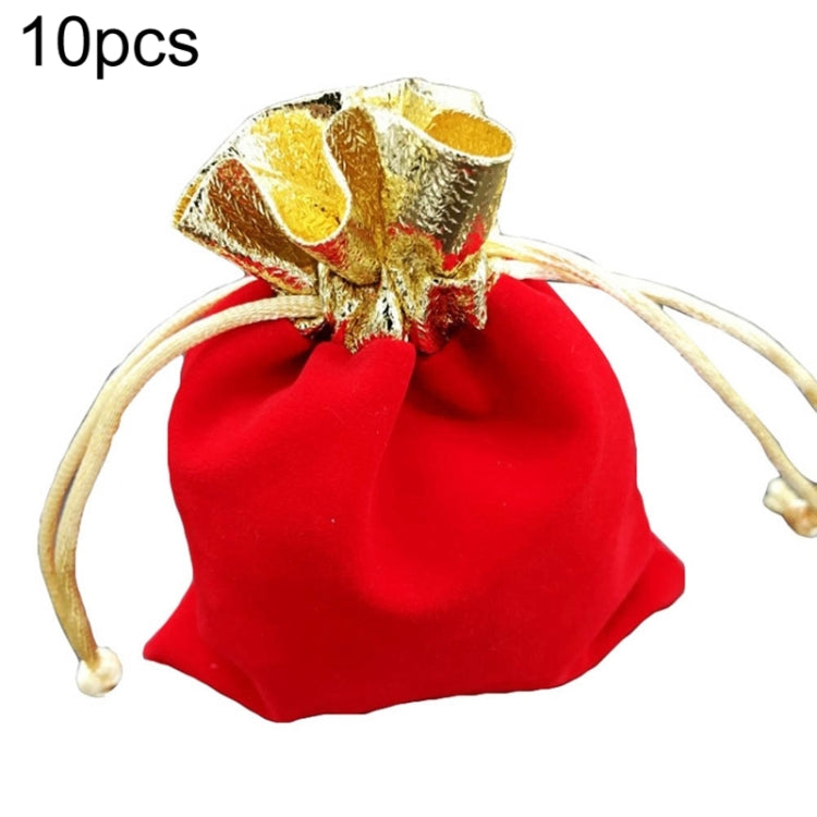 Red velvet drawstring jewelry pouch with gold bow and beige pull-cords