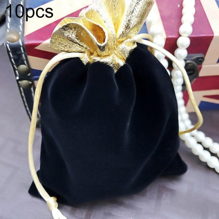 Black velvet drawstring jewelry pouch with gold bow and beige pull-cords