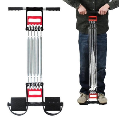 Resistance spring leg exerciser with black straps, red center plate, and six silver rods