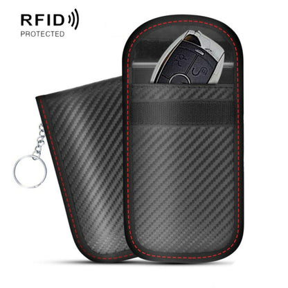 RFID key fob shielding pouch set, carbon-fiber texture with red edge stitching and keyring