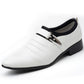 White men’s oxford dress shoe with pointed toe, black collar, and metal strap accent