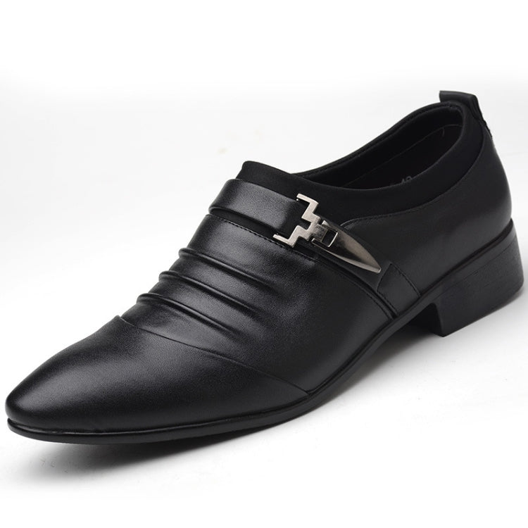 Men's pointed-toe oxford dress shoes in black PU leather, buckle strap detail, side view.