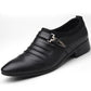Men's pointed-toe oxford dress shoes in black PU leather, buckle strap detail, side view.