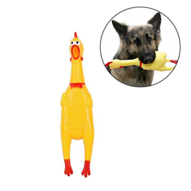 Yellow rubber screaming chicken cat dog toy with red feet and open beak, 16 cm.