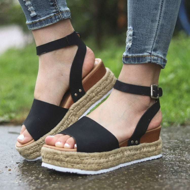 Women’s one-button buckle platform espadrille sandals, black with tan sole and buckle strap