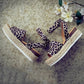 Women’s one-button buckle platform espadrille sandals, purple leopard print with cross-strap design