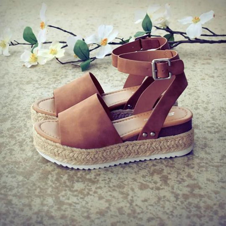 Women’s one-button buckle platform espadrille sandals, mauve leather-look straps with buckle