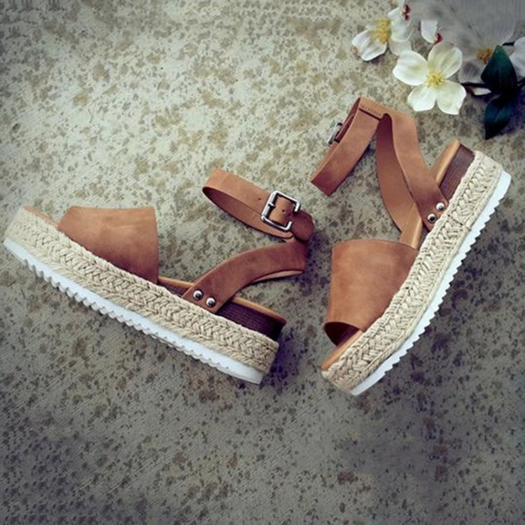 Women’s one-button buckle platform espadrille sandals, cognac brown straps with buckle and studs