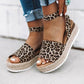 Women’s one-button buckle platform espadrille sandals, leopard-print straps with buckle and wedge