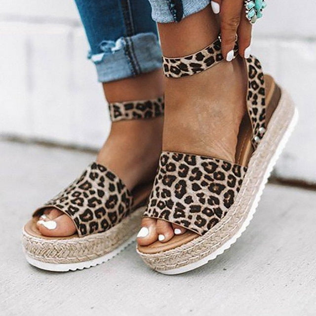 Women’s one-button buckle platform espadrille sandals, leopard-print straps with buckle and wedge