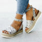 Women’s one-button buckle platform espadrille sandals, snake-pattern straps with silver buckle
