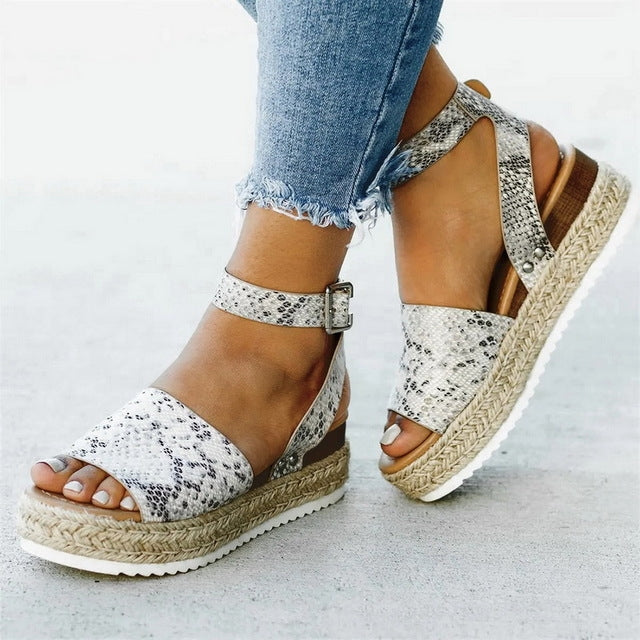 Women’s one-button buckle platform espadrille sandals, snake-pattern straps with silver buckle