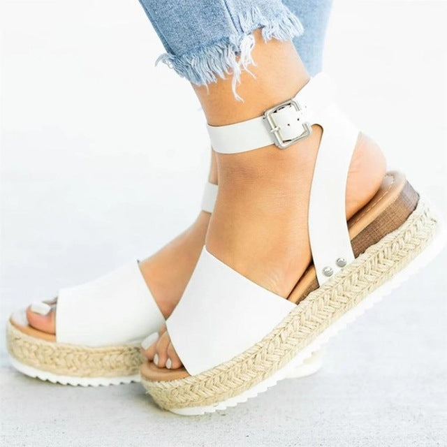 White one-button buckle platform wedge sandals with ankle strap and braided espadrille sole
