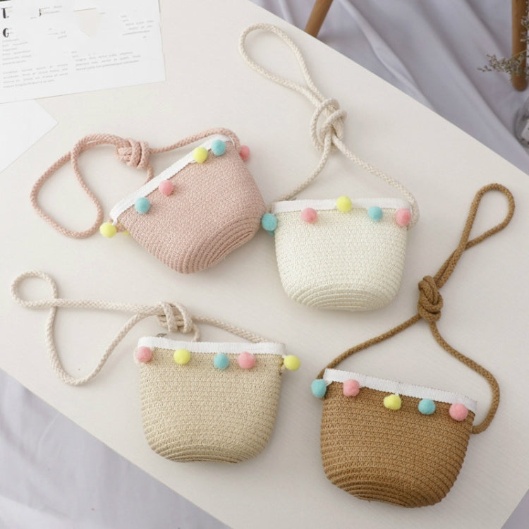 Girls straw satchel set with pom-pom trim and braided straps, assorted colors