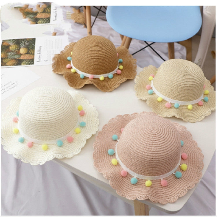 Girls straw sun hats with pom-pom trim and mini satchels, assorted beige tones