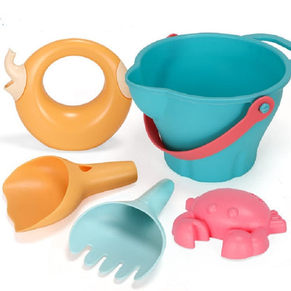 Children's silicone sand and water toy set with bucket, shovel, rake and animal molds